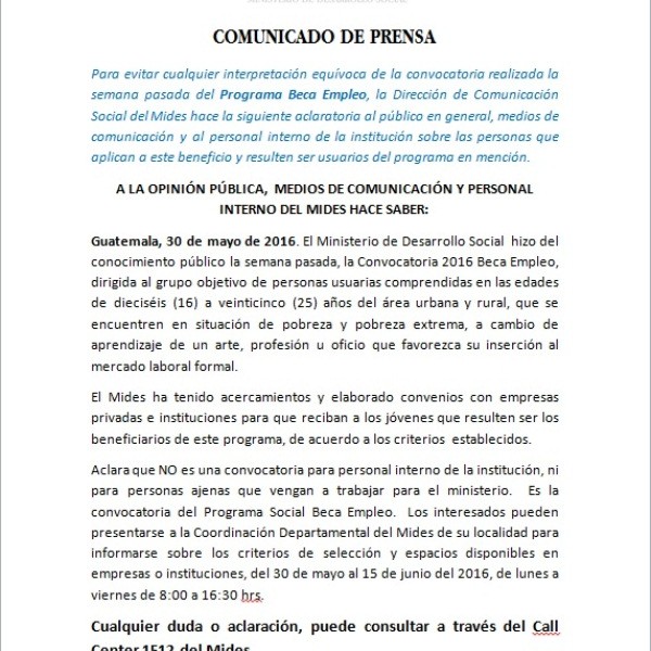 Comunicado de Prensa Beca Empleo  Aclaratoria