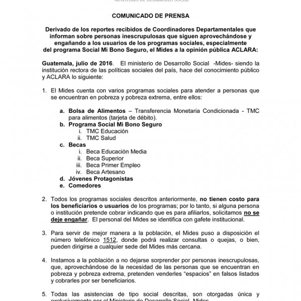 2016 07 Comunicado de Prensa  Programas Sociales