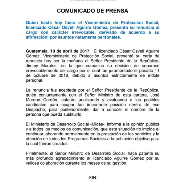 Comunicado de Prensa Viceministro de Proteccion Social
